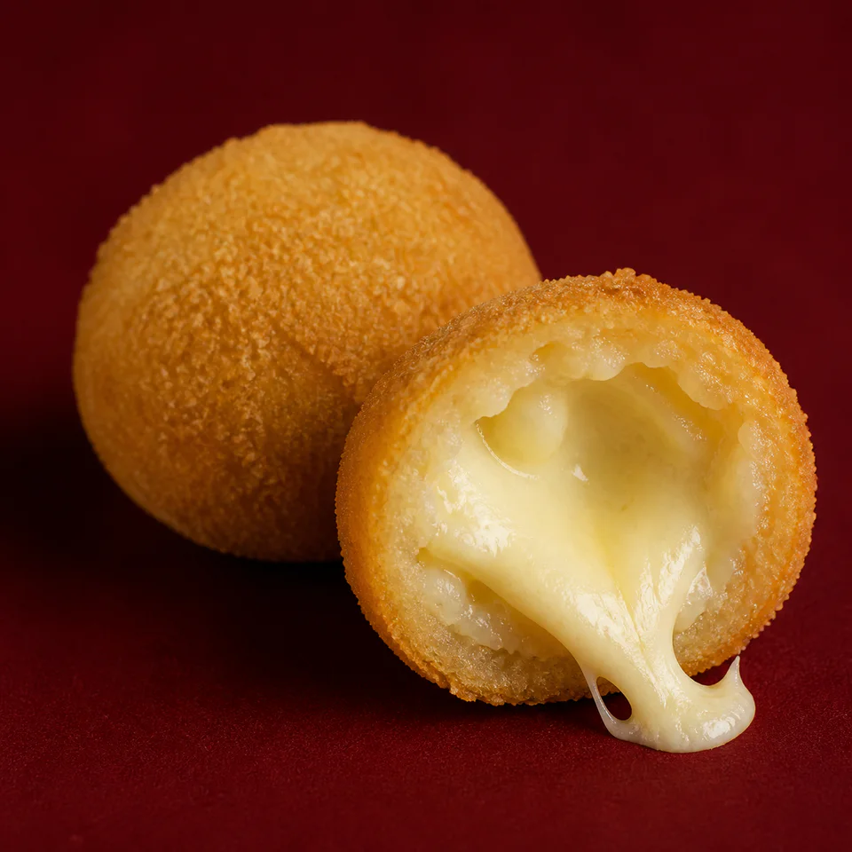 Queijo aberto ao meio mostrando o recheio