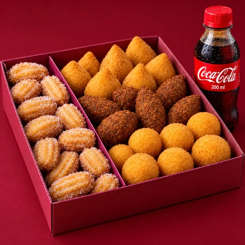 Combo Essencial: 20 salgados + 15 mini churros + 1 Coca-Cola 200 ml