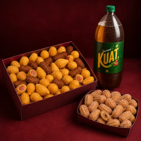 Combo Família 100: 50 salgados + 50 mini churros + Kuat 2 L