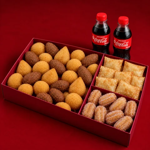 Combo Misto: 35 salgados + 15 mini churros + 10 mini pastéis + 2 Coca-Cola 200 ml